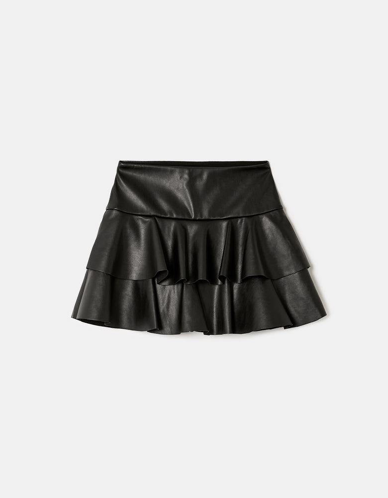 Faux Leather Mini Skort with Ruffles | Black