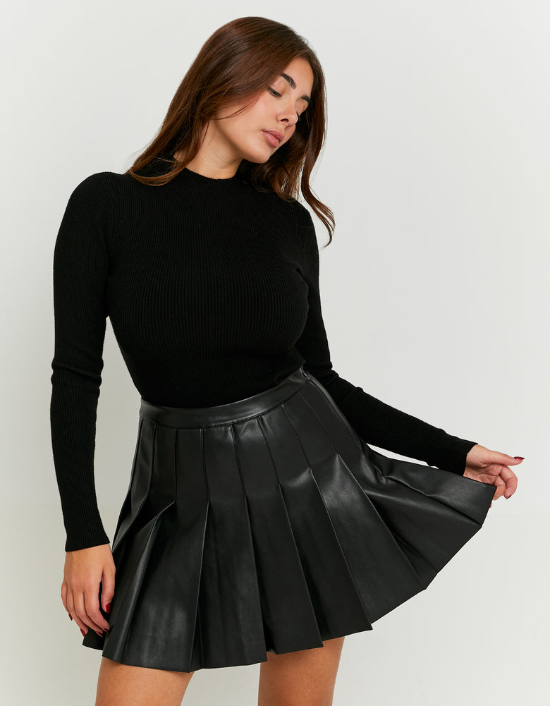 Pleated Faux Leather Mini Skirt | Black