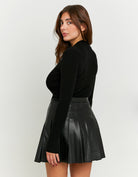 Pleated Faux Leather Mini Skirt | Black