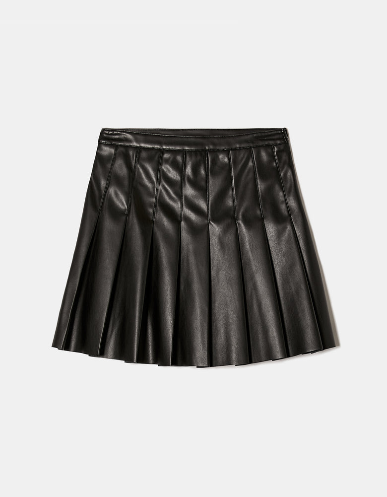 Pleated Faux Leather Mini Skirt | Black