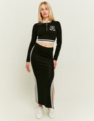 Long Knit Skirt with Varsity Details | Black-White