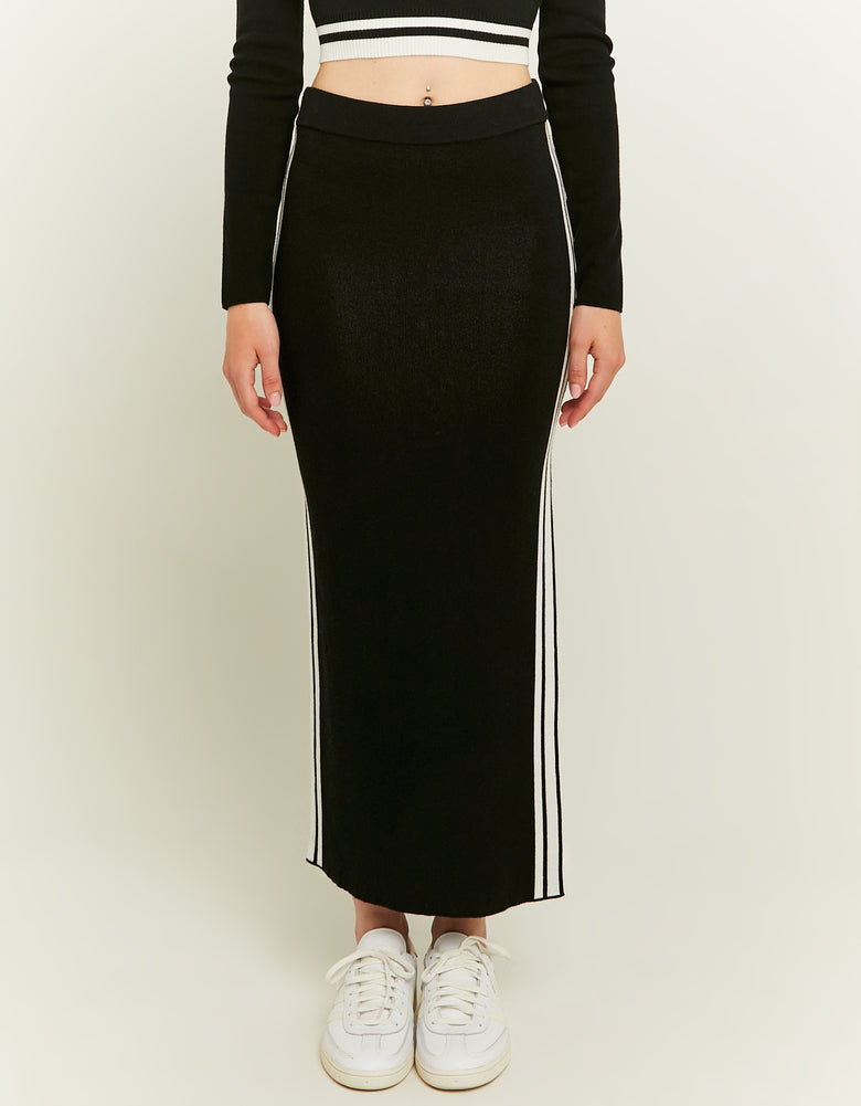 Long Knit Skirt with Varsity Details | Black-White