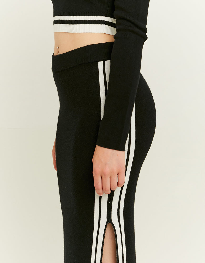 Long Knit Skirt with Varsity Details | Black-White