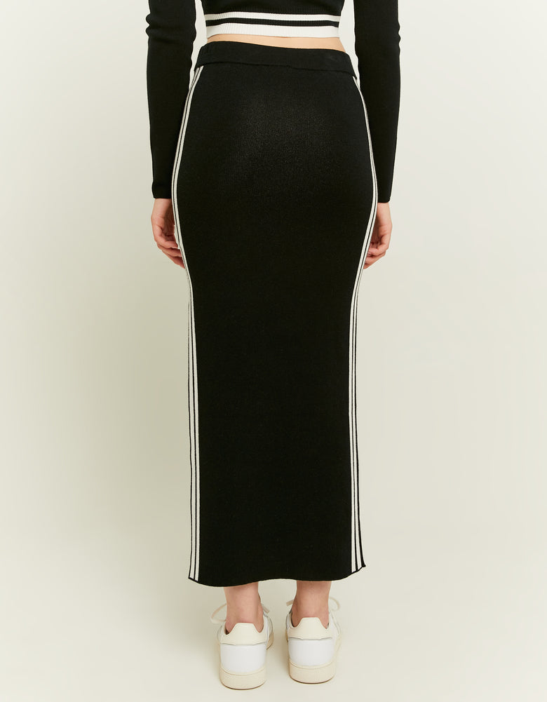 Long Knit Skirt with Varsity Details | Black-White