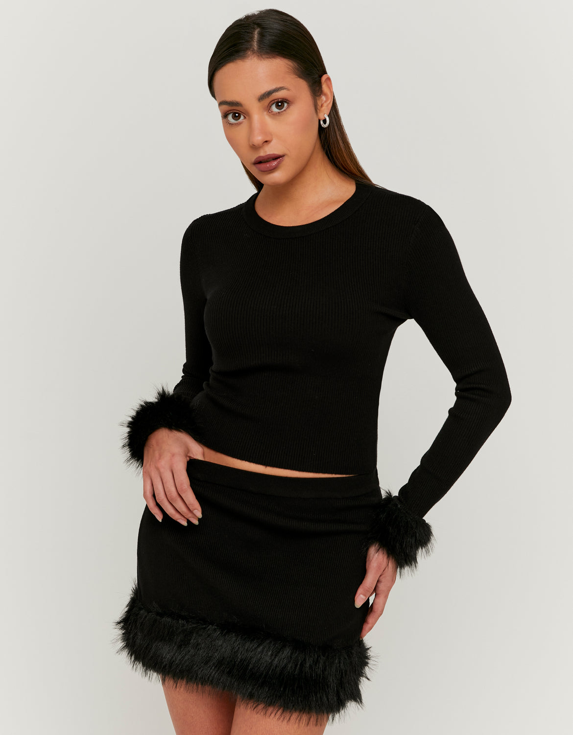 Knitted Skirt with Fur Trim | Black