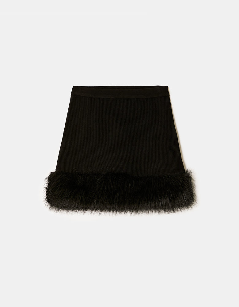 Knitted Skirt with Fur Trim | Black