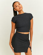 Mini Skirt with Slit | Navy-White