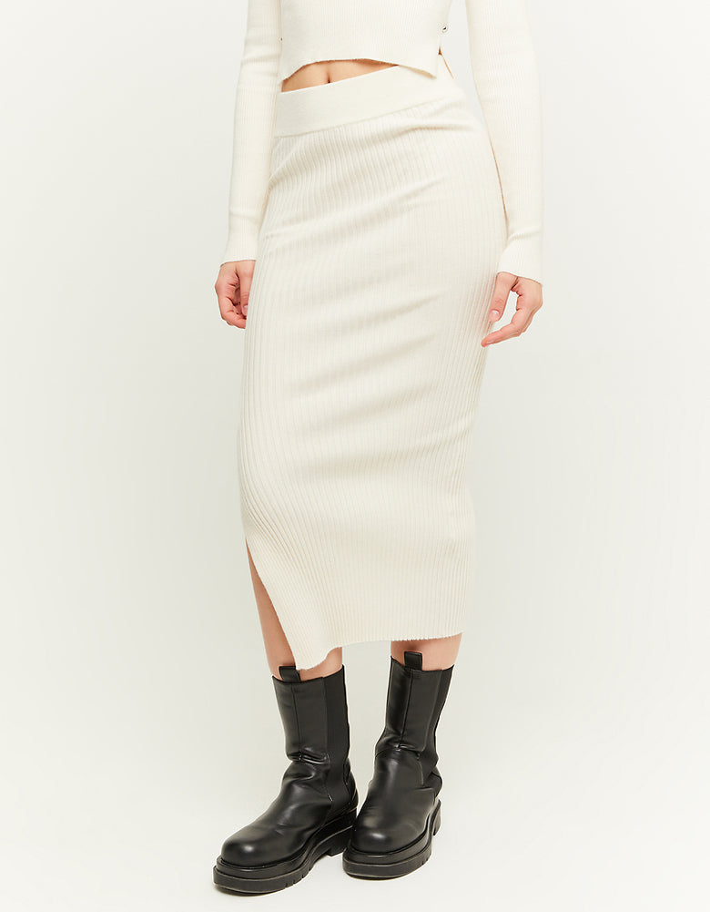 Ribbed Midi Skirt with Slit | Cream