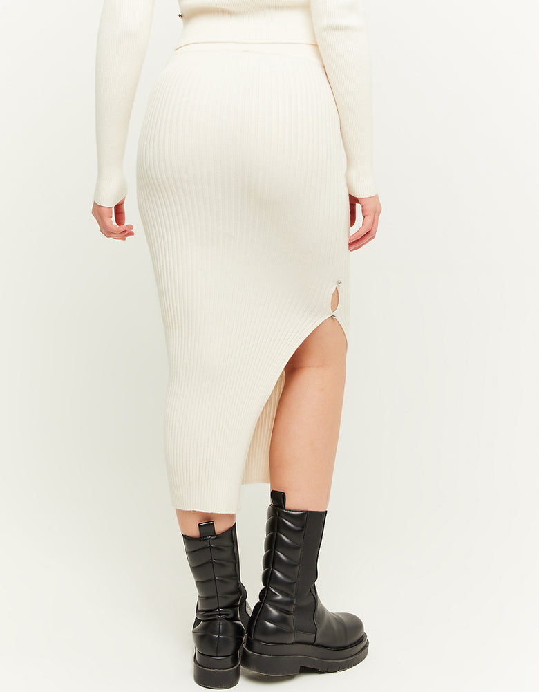 Ribbed Midi Skirt with Slit | Cream