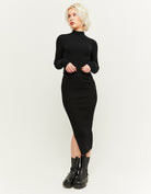 Ribbed Midi Skirt with Slit | Black