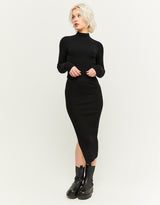 Ribbed Midi Skirt with Slit | Black