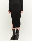 Ribbed Midi Skirt with Slit | Black