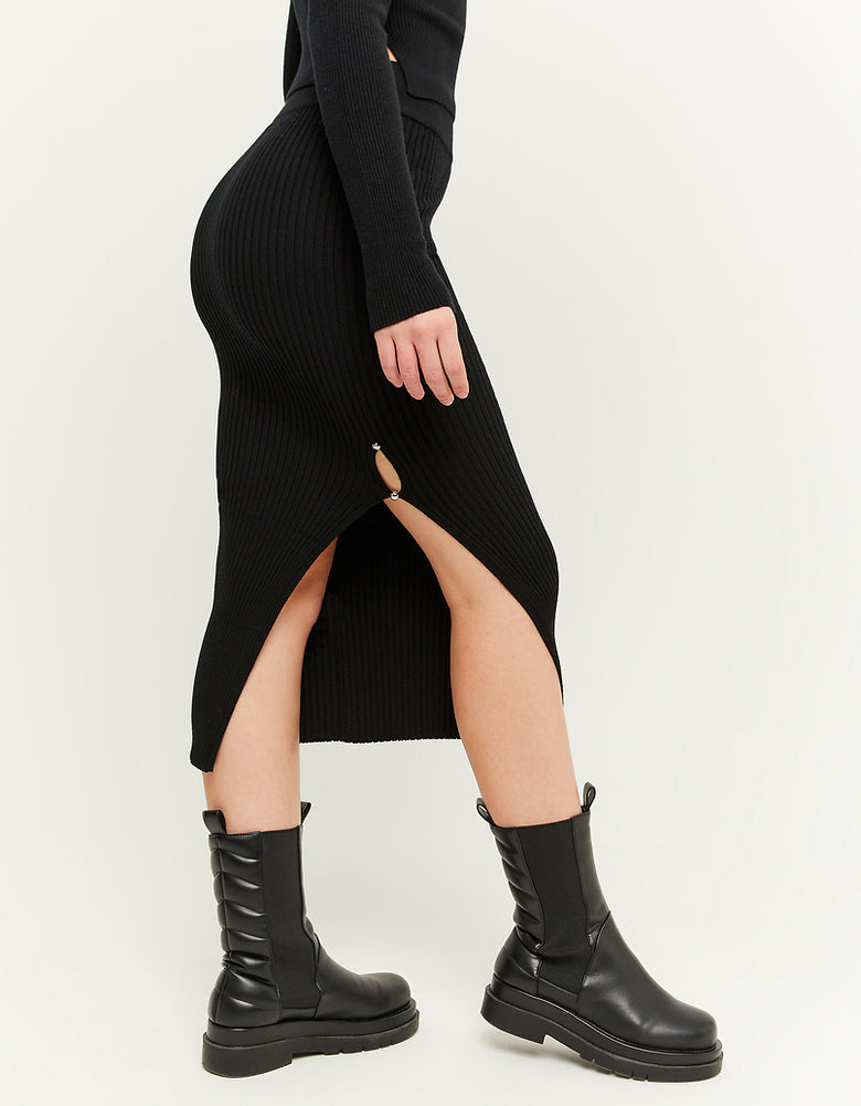 Ribbed Midi Skirt with Slit | Black