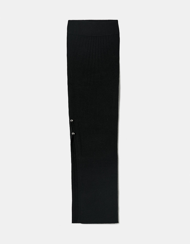 Ribbed Midi Skirt with Slit | Black
