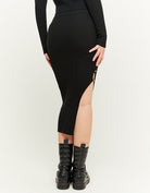 Ribbed Midi Skirt with Slit | Black