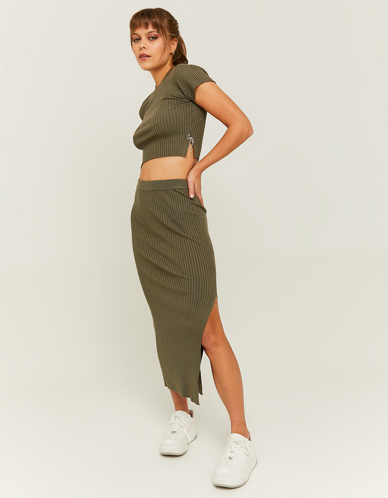 Fitted Knitted Midi Skirt with Slit | Kaki