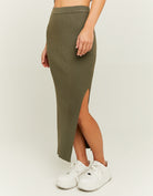Fitted Knitted Midi Skirt with Slit | Kaki