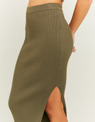 Fitted Knitted Midi Skirt with Slit | Kaki