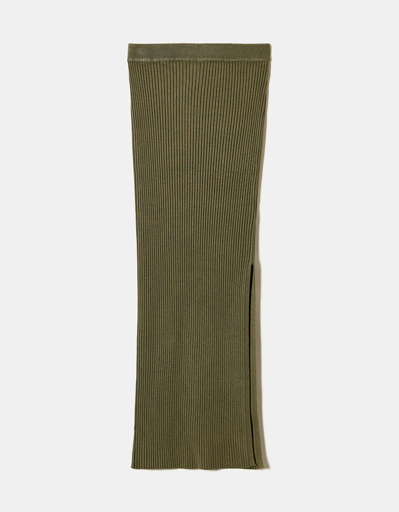 Fitted Knitted Midi Skirt with Slit | Kaki