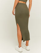 Fitted Knitted Midi Skirt with Slit | Kaki