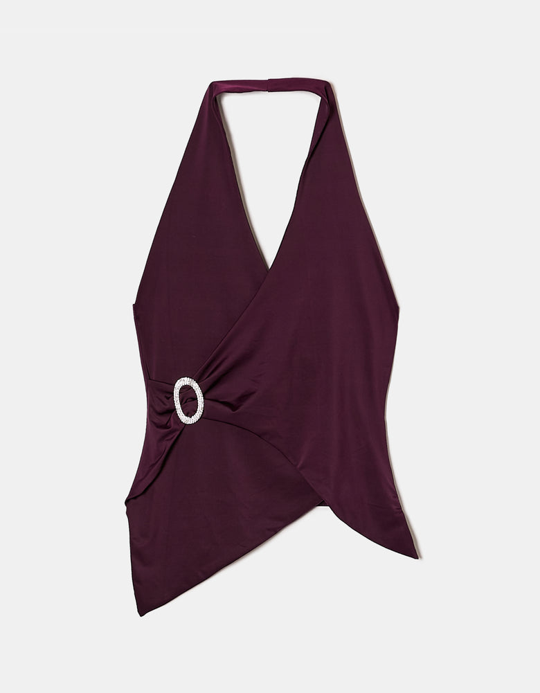 Halter Neck Tank Top With Strass Buckle | Purple