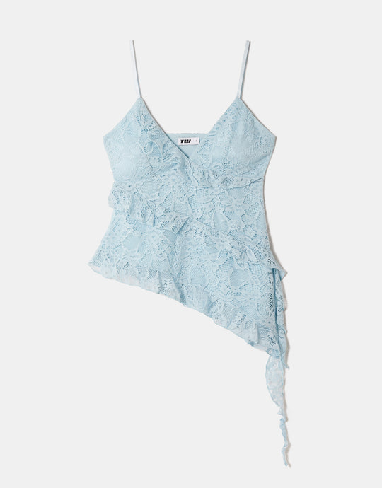 Asymmetric Lace Top with Ruffles | Blue