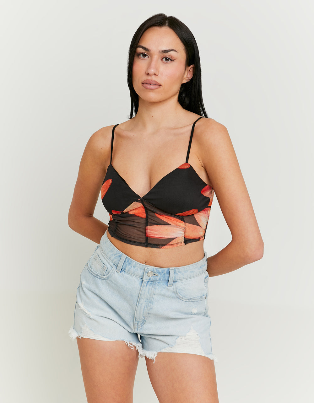 Mesh Crop Top with Print | Floral Print Black