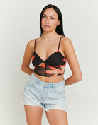 Mesh Crop Top with Print | Floral Print Black