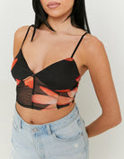 Mesh Crop Top with Print | Floral Print Black
