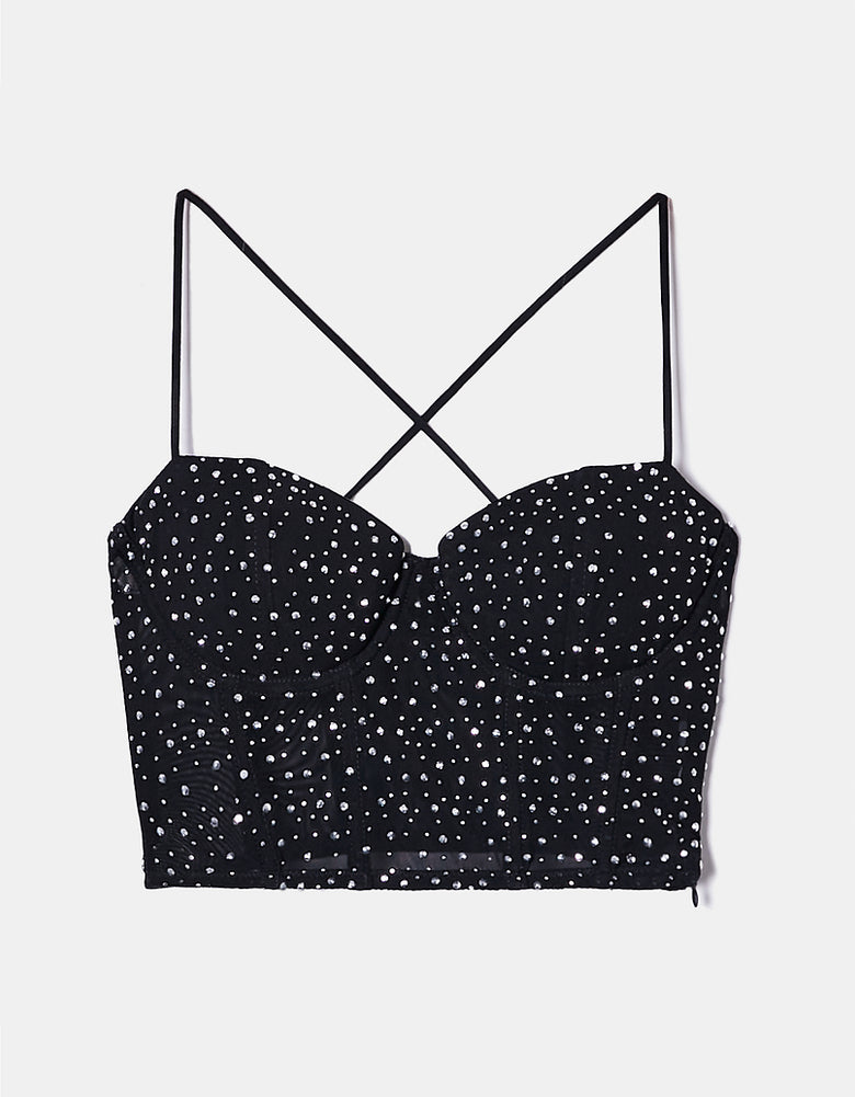 Mesh Corset Top with Strass | Black