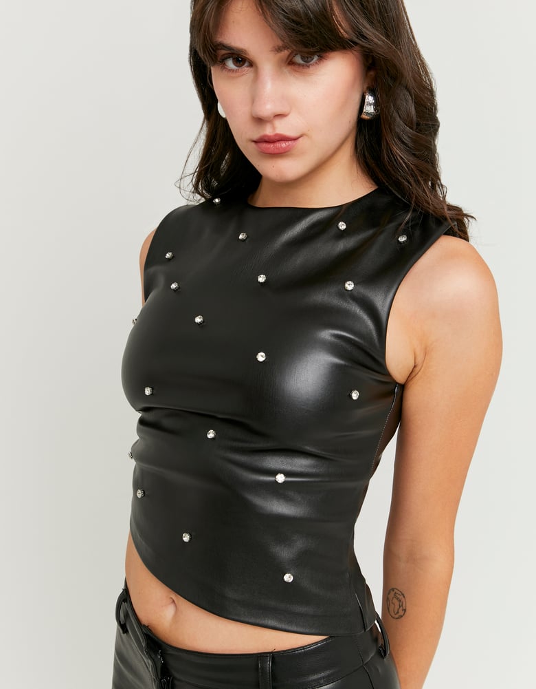 Faux Leather Top with Strass | Black
