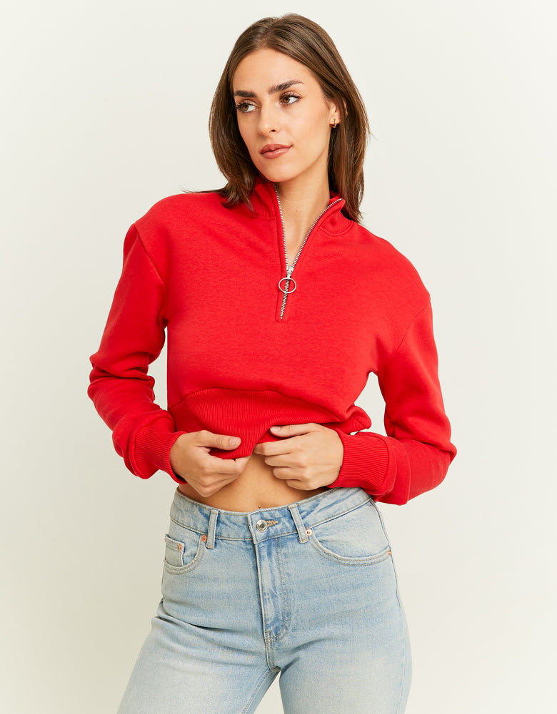 Zip Up Cropped Sweatshirt | Red