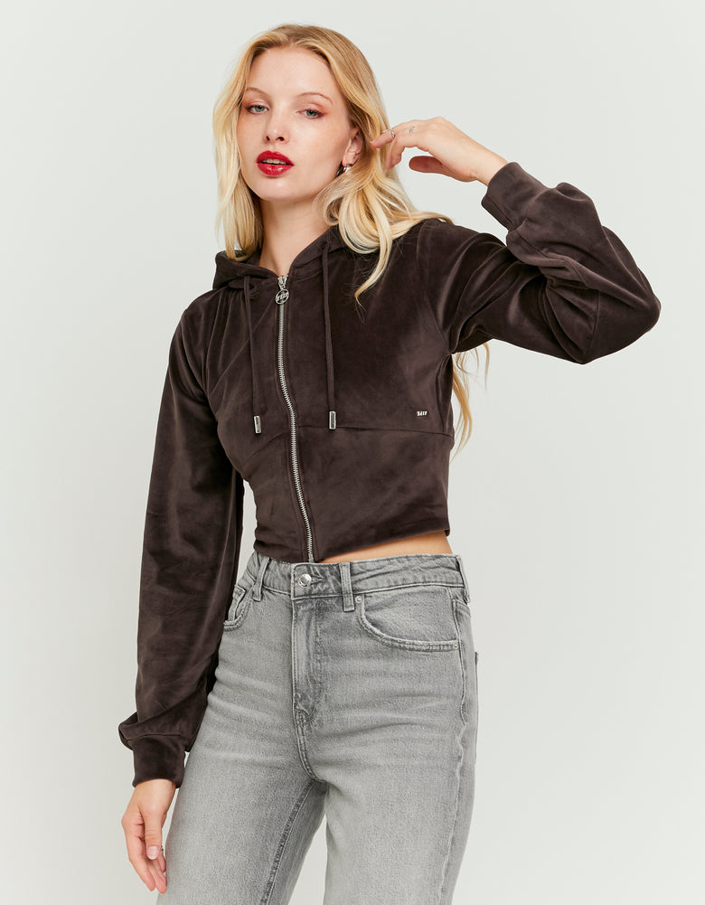 Basic Cropped Zip?Up Hoodie | Brown