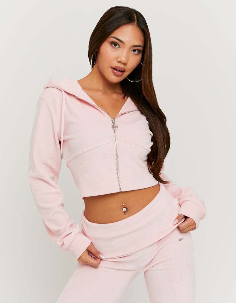 Basic Cropped Zip?Up Hoodie | Pink