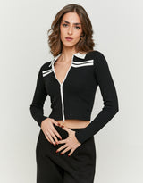 Zip Up T-shirt with Polo Neck | Black