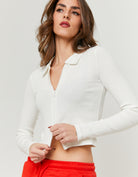 Zip Up T-shirt with Polo Neck | Off White