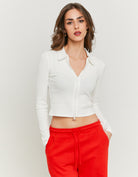 Zip Up T-shirt with Polo Neck | Off White