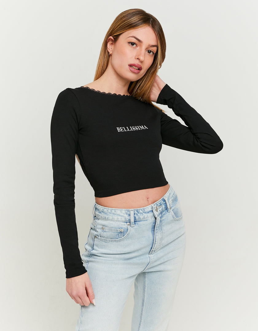Printed T-shirt with Open Back | Black