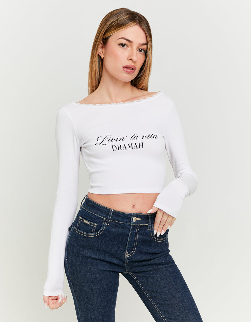 Printed T-shirt with Open Back | White