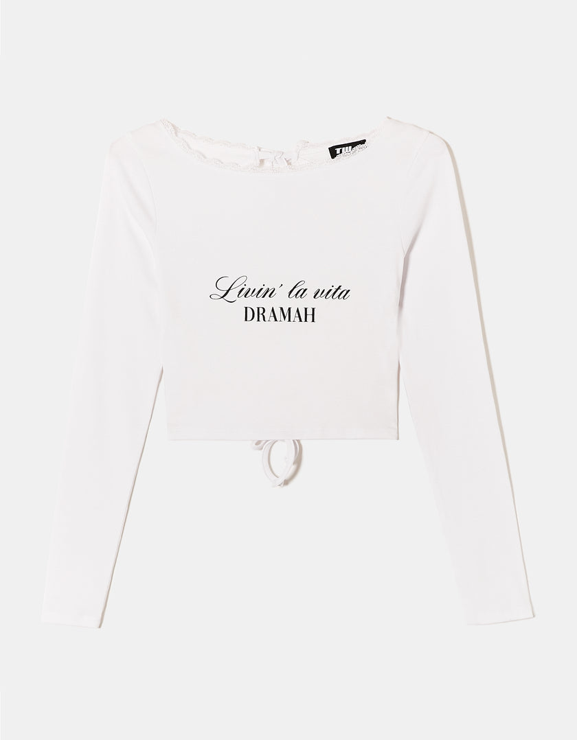 Printed T-shirt with Open Back | White