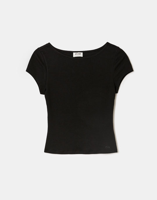 Boat Neck Basic T-Shirt | Black