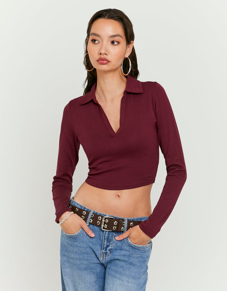 Polo Neck T-Shirt With Long Sleeves | Bordeau