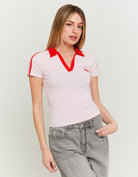 Printed T-shirt with Polo Neck | Pink
