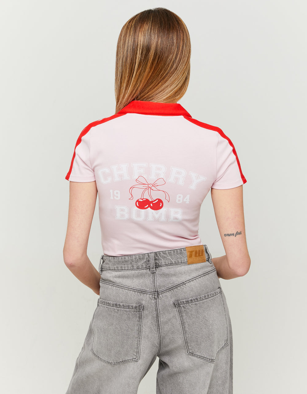 Printed T-shirt with Polo Neck | Pink