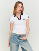 Printed T-shirt with Polo Neck | White-Navy