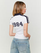 Printed T-shirt with Polo Neck | White-Navy