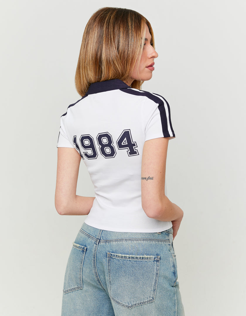 Printed T-shirt with Polo Neck | White-Navy