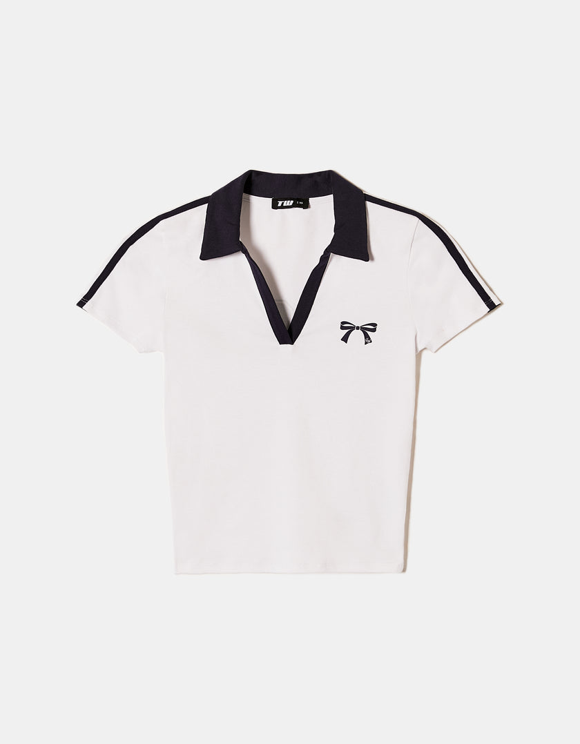Printed T-shirt with Polo Neck | White-Navy