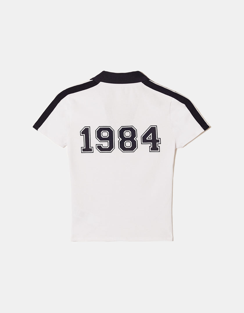 Printed T-shirt with Polo Neck | White-Navy