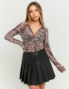 Leo Print Mesh Top with Polo Neck | Leo Print